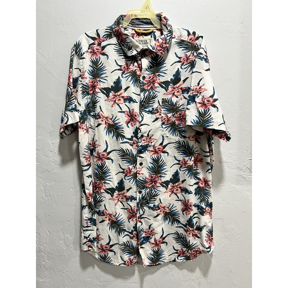 Free Planet Hawaiian Shirt Men Size Medium Cotton Modal Palm Leaf Flowers Beach